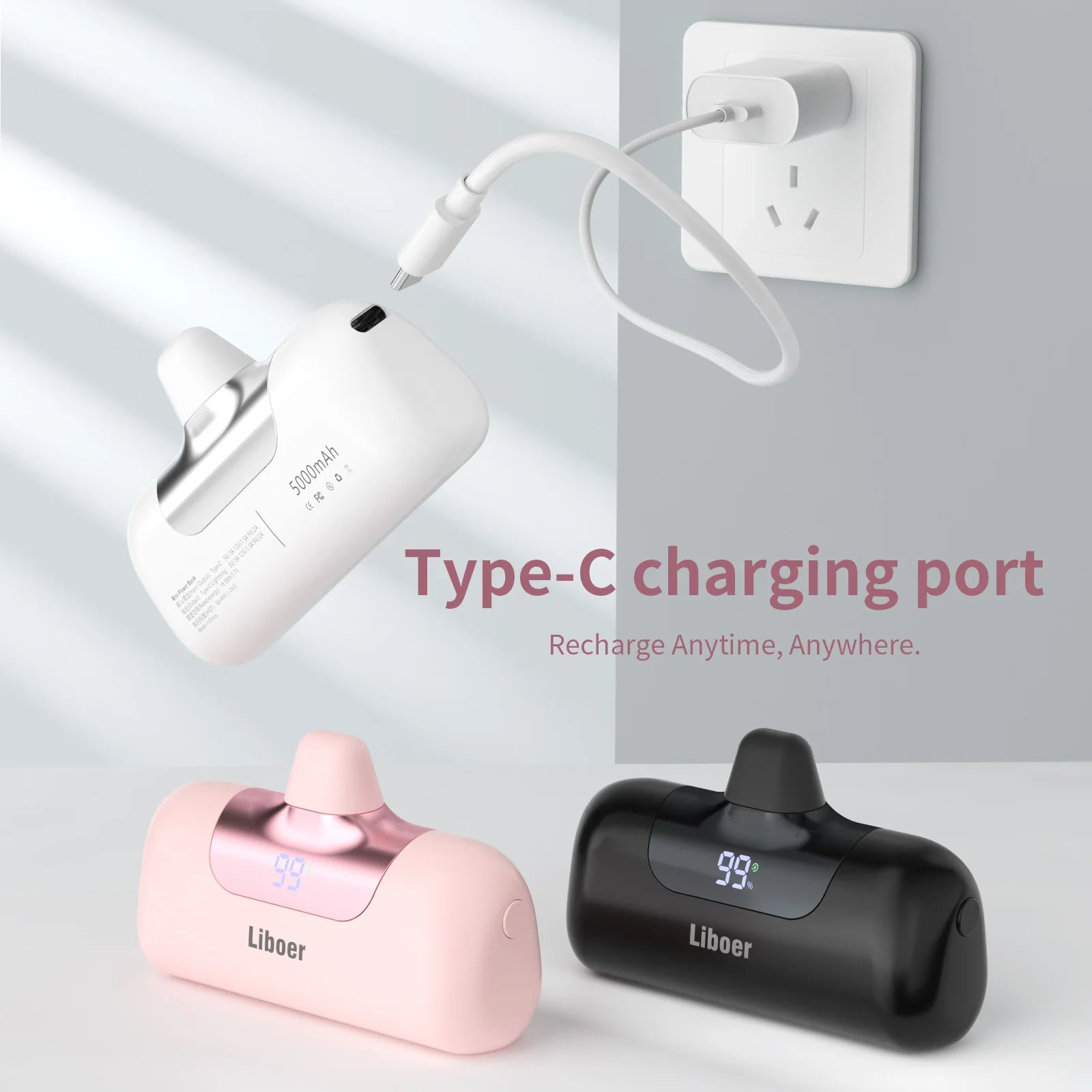 Mini Power Bank Fast Charging Portable Charger LED Digital Diaplay USB-C Connector External Battery Black White Pink Powerbank