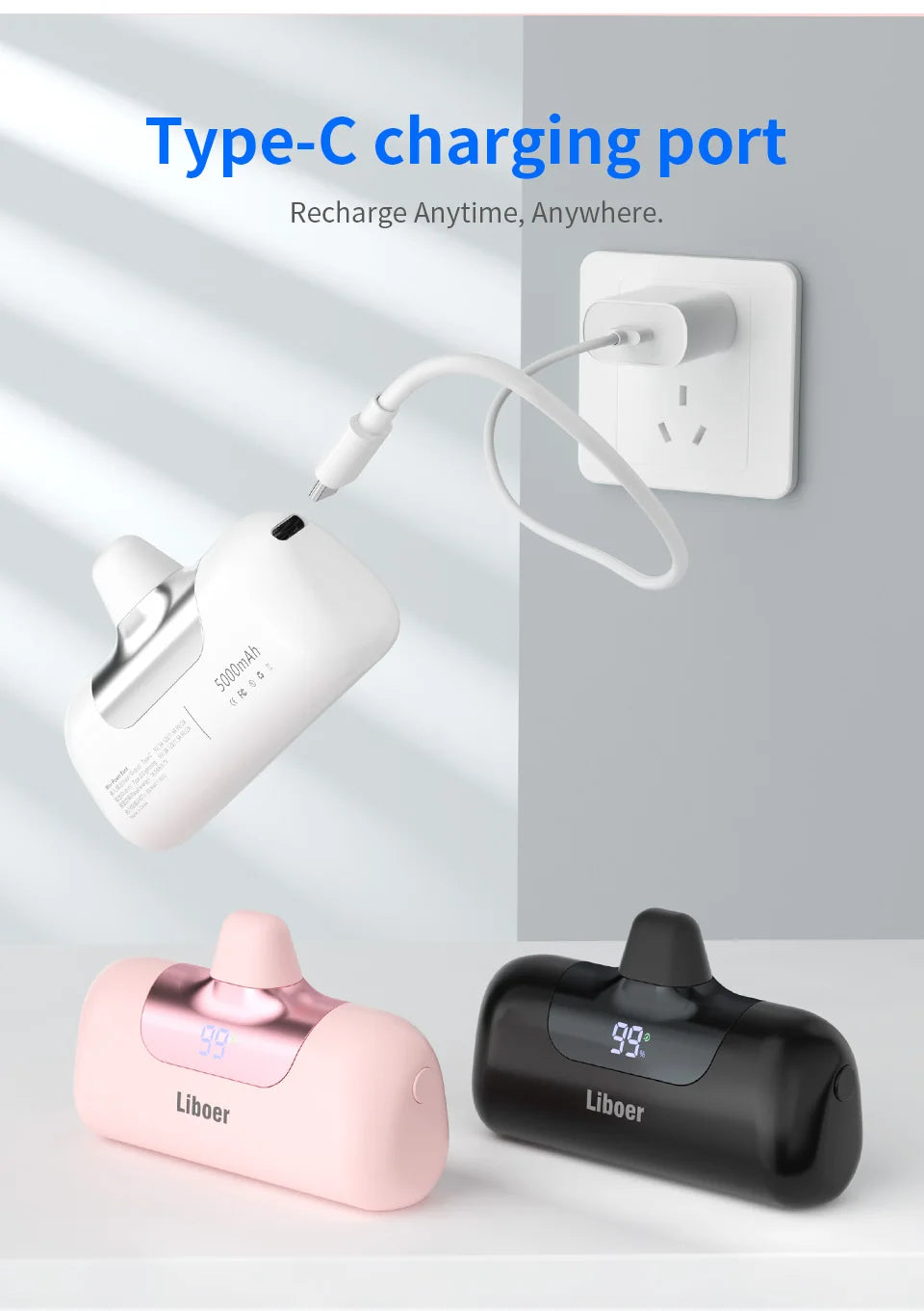 Mini Power Bank Fast Charging Portable Charger LED Digital Diaplay USB-C Connector External Battery Black White Pink Powerbank